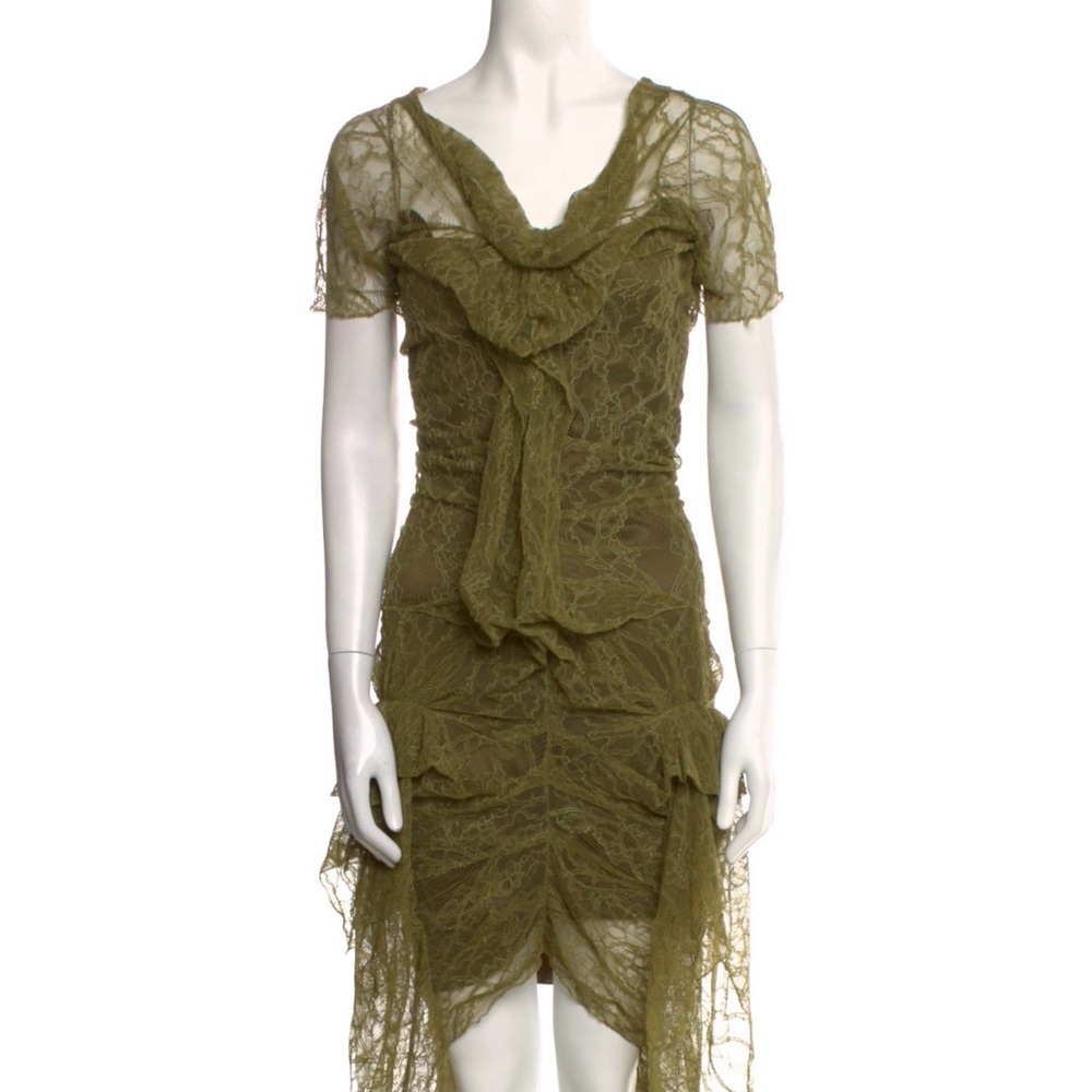 Dior Green Asymmetrical Ruched Midi Dress